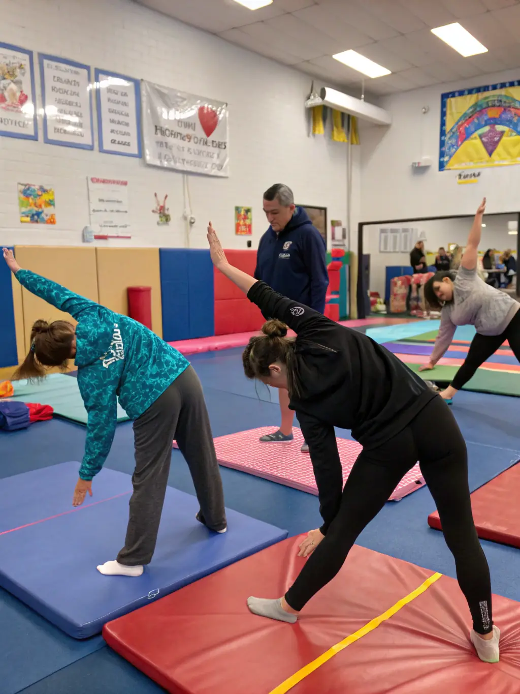 Adults doing stretching exercises in a gymnastics class, emphasizing flexibility and relaxation, under the supervision of a trained instructor.