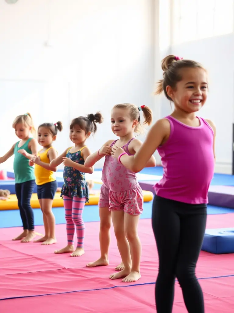 A photograph of children laughing and playing during a gymnastics class, showcasing the fun and engaging nature of the activities.