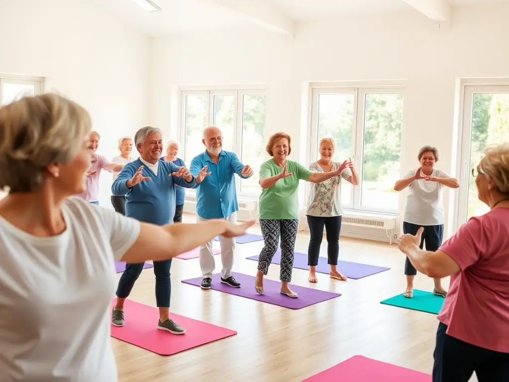 A group of seniors participating in a gentle exercise class, focusing on mobility and balance. The setting is a comfortable and supportive environment, with participants using chairs and other aids as needed.