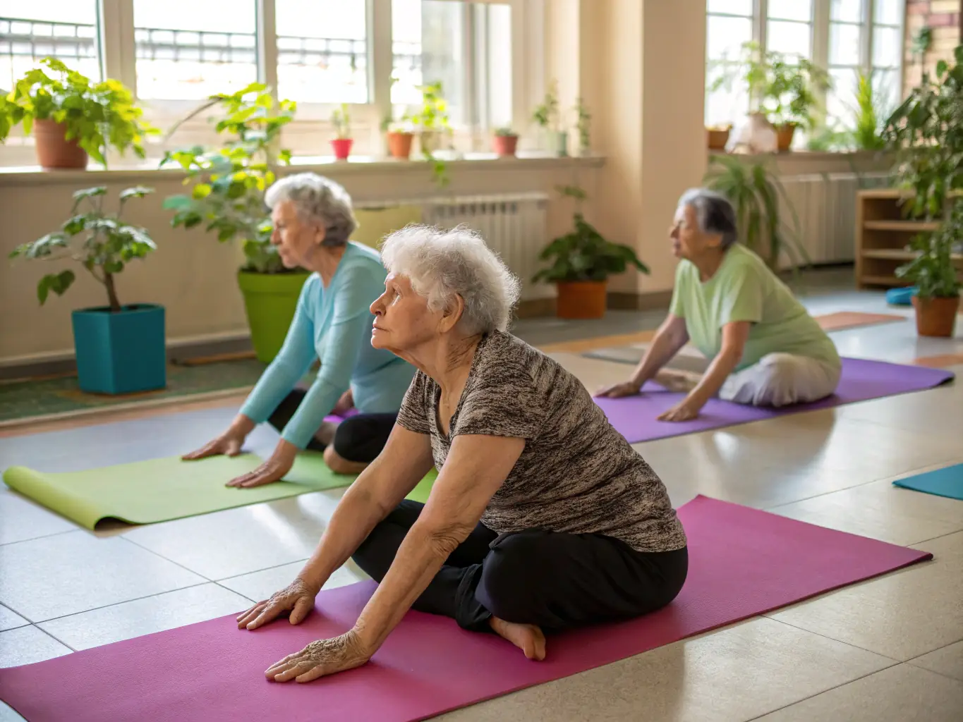 Seniors engaging in gentle stretching and balance exercises, promoting mobility and preventing falls, under the supervision of a trained professional in a comfortable and accessible setting.