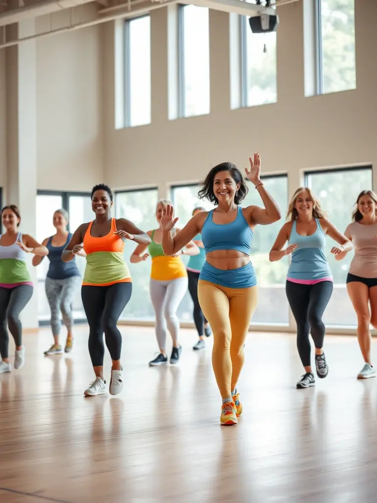A group of diverse individuals smiling and stretching together during a gymnastics session, symbolizing inclusivity and community spirit.