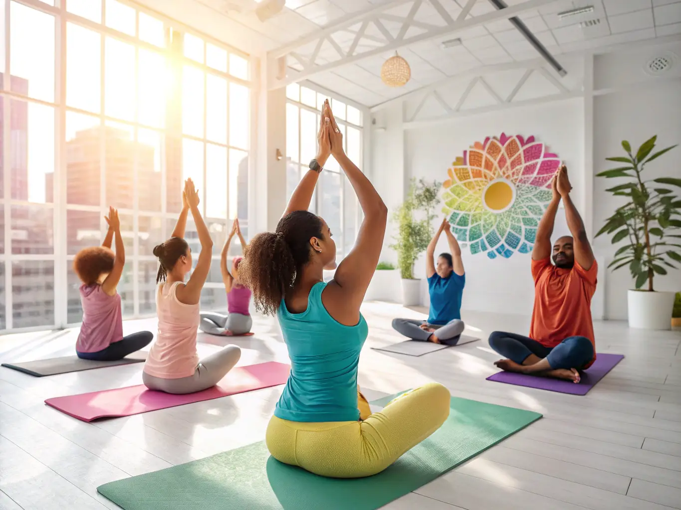 Adults participating in a fitness class, performing stretching and light exercises. The setting is a community center or a similar space, with participants of varying ages and fitness levels.