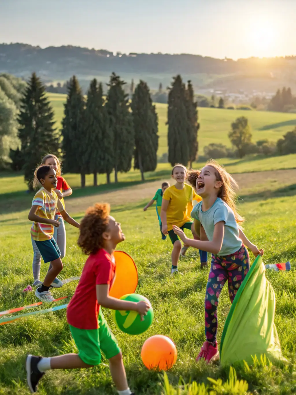 A group of children laughing and stretching during a gymnastics session in a sunny park, emphasizing the fun and accessible nature of the program.