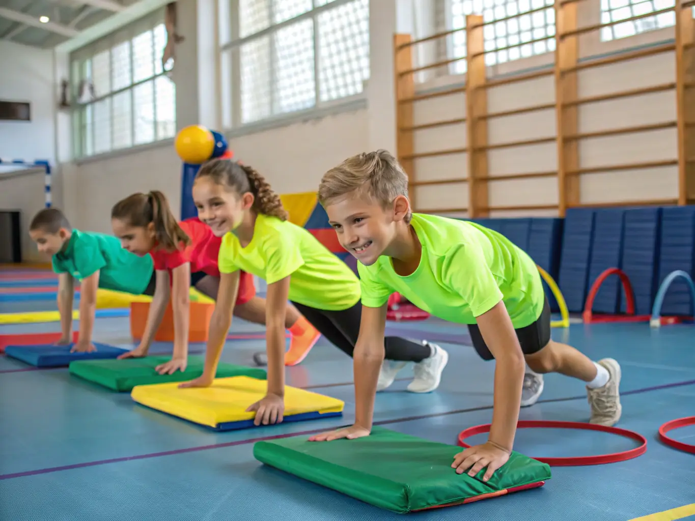 A group of children participating in a gymnastics class, focusing on flexibility and coordination exercises, with a qualified instructor guiding them in a safe and supportive environment.