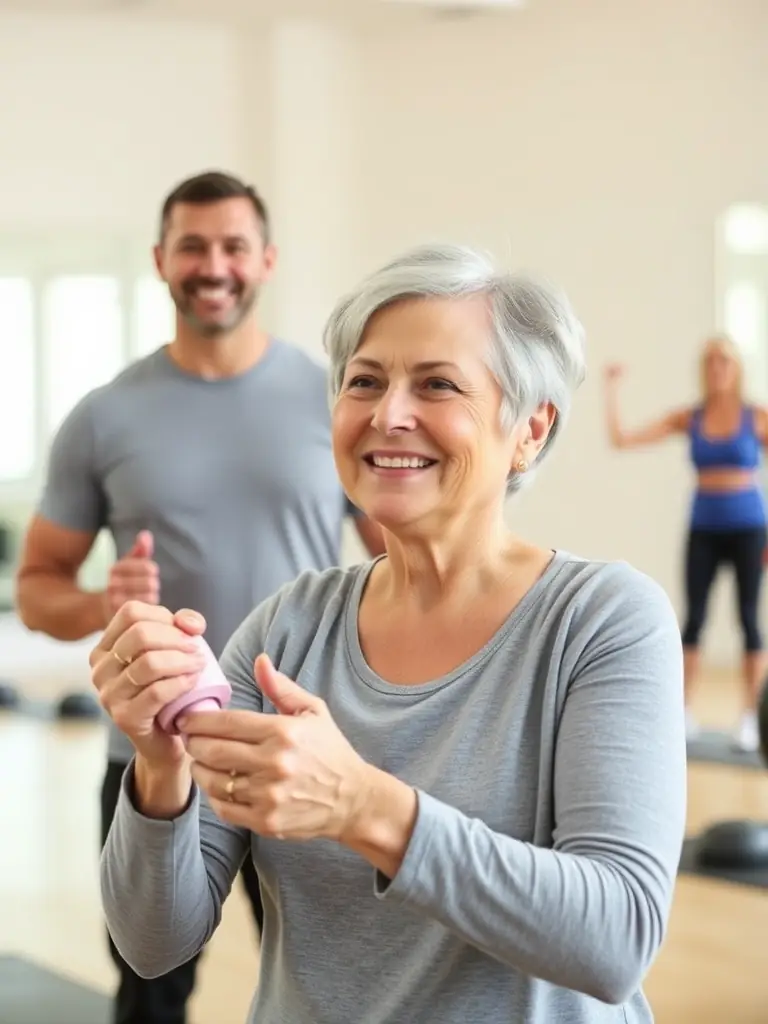 A senior citizen smiling while performing a simple exercise with assistance, showcasing the program's inclusivity for older adults.