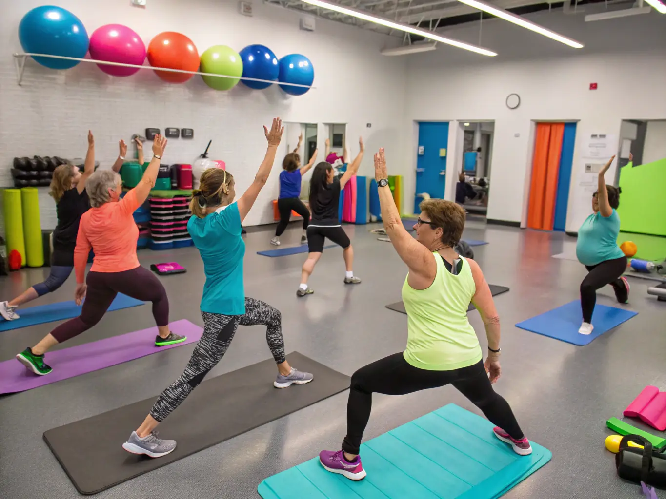 Adults participating in a low-impact aerobics class, emphasizing cardiovascular health and muscle toning, led by an experienced instructor in a spacious and well-equipped studio.