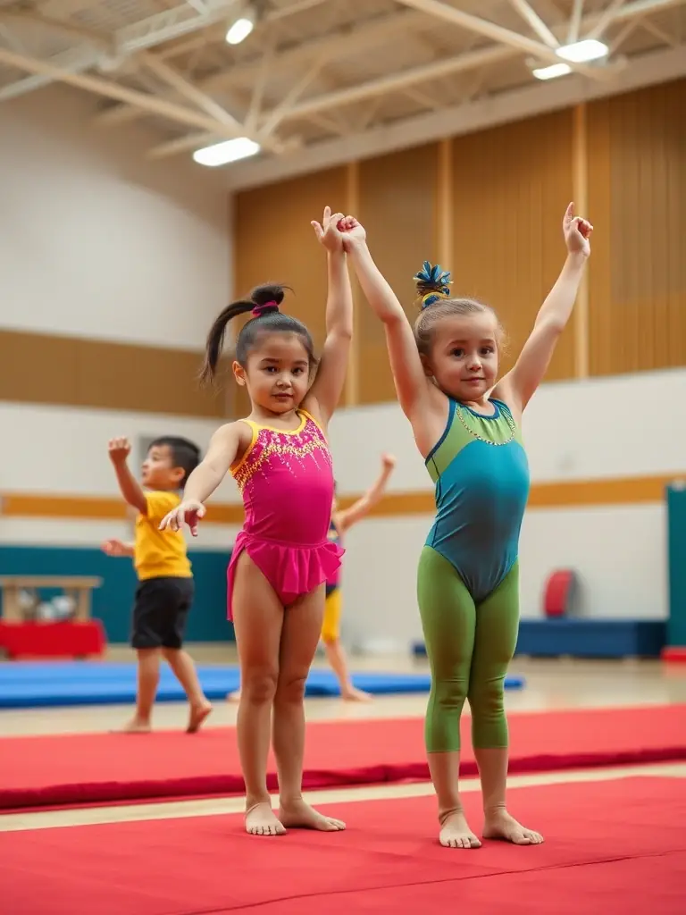 A group of children participating in a gymnastics class, focusing on balance and coordination exercises, with a qualified instructor guiding them.