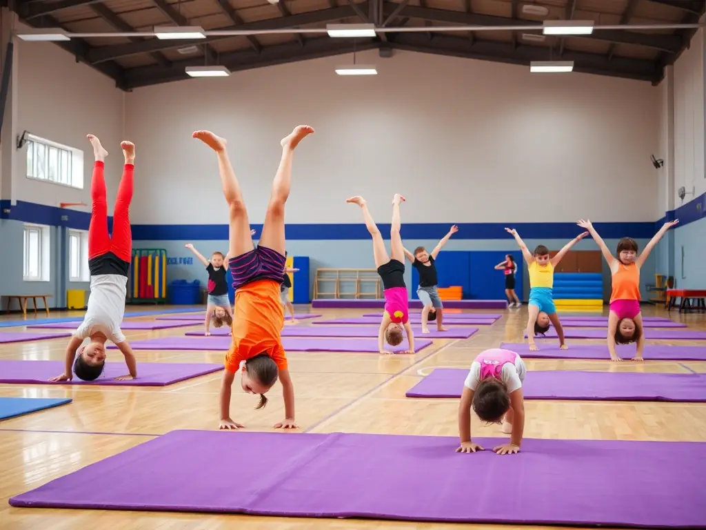 A group of children participating in a gymnastics class, performing various exercises under the guidance of an instructor. The setting is a well-equipped gymnasium with mats and other safety equipment.