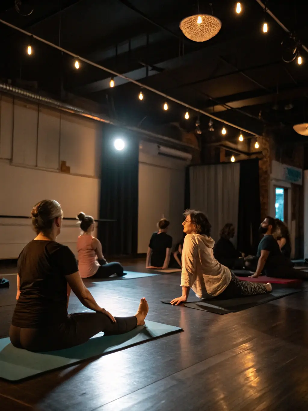 Adults of varying ages participating in a gentle stretching class indoors, highlighting the program's adaptability for different fitness levels.
