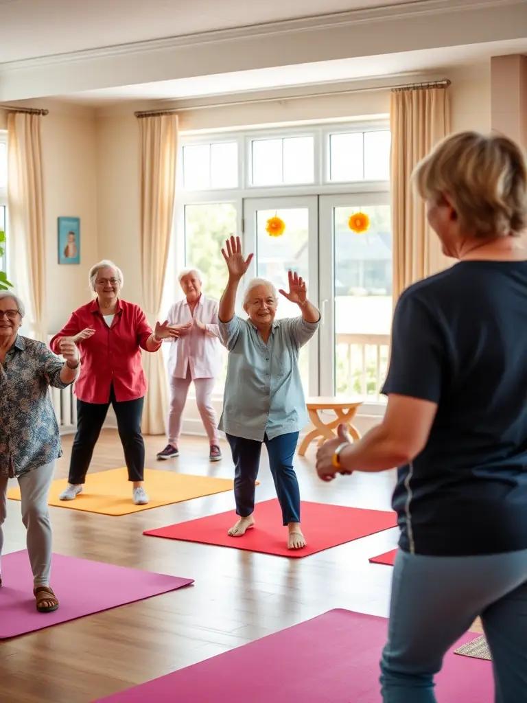 Seniors participating in a gentle exercise class, focusing on mobility and joint health, with an instructor providing personalized guidance.
